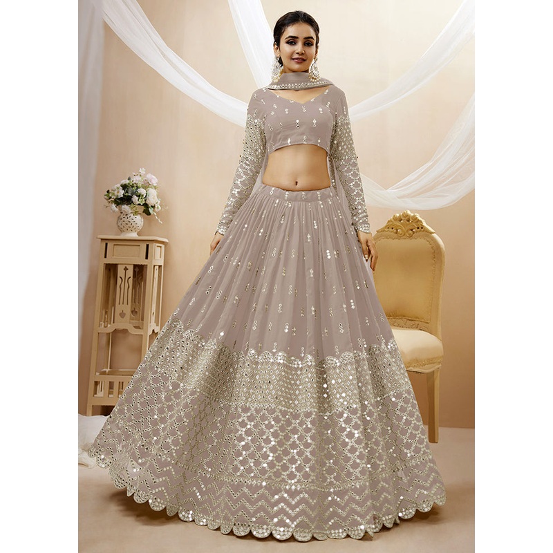 3 Pc Grey Georgette Semi Stitched Lehenga Set - JD986596978