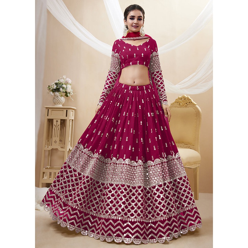 3 Pc Hot Pink Georgette Semi Stitched Lehenga Set - JD986596987