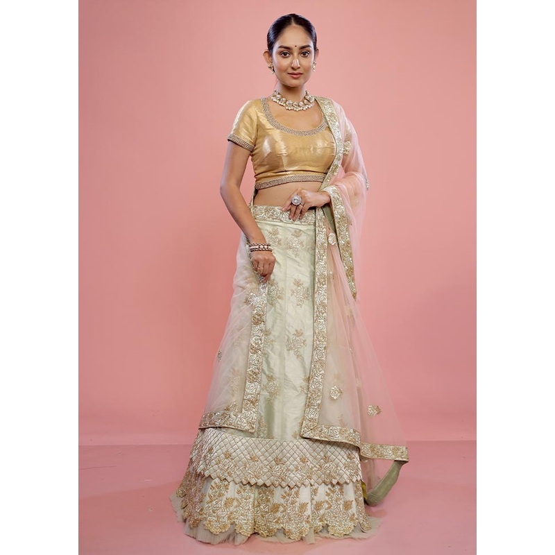 3 Pc Lemon Green Semi Stitched Silk Lehenga Set - JD986596910