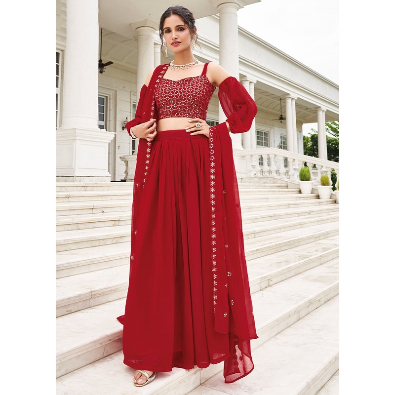 3 Pc Maroon Georgette Semi Stitched Lehenga Set - JD986596974
