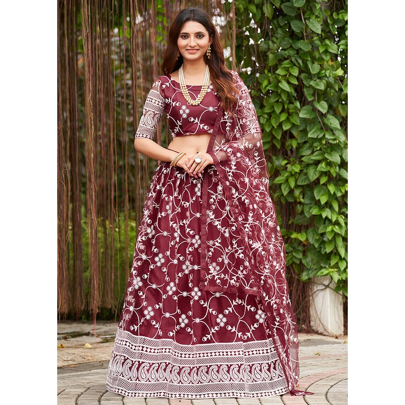 3 Pc Maroon Net Semi Stitched Lehenga Set - JD986596965