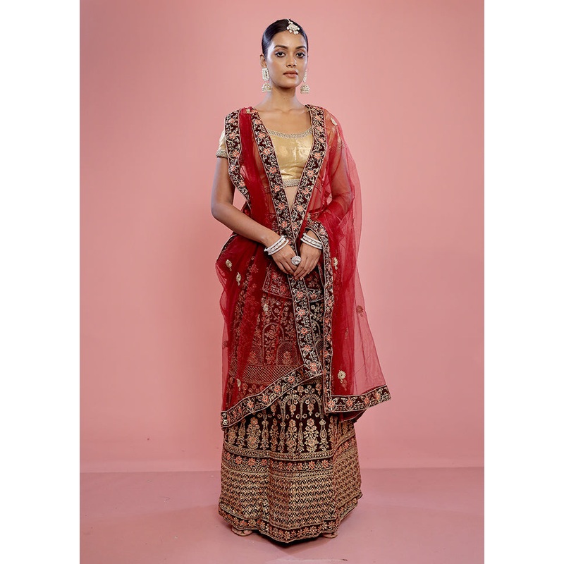 3 Pc Maroon Semi Stitched Silk Lehenga Set - JD986596922