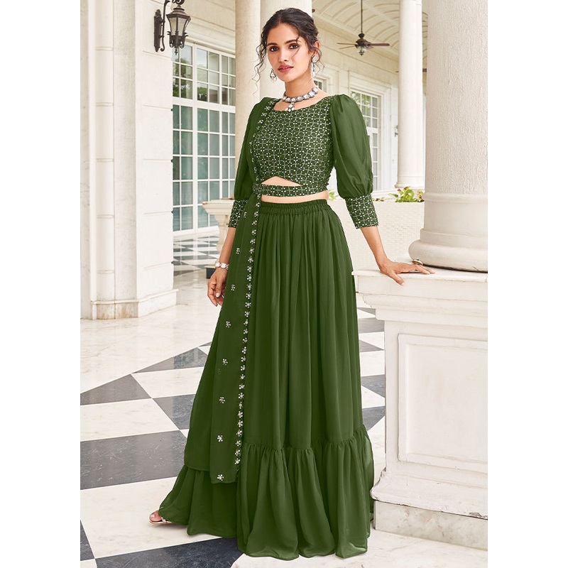 3 Pc Mehendi Georgette Semi Stitched Lehenga Set - JD986596972