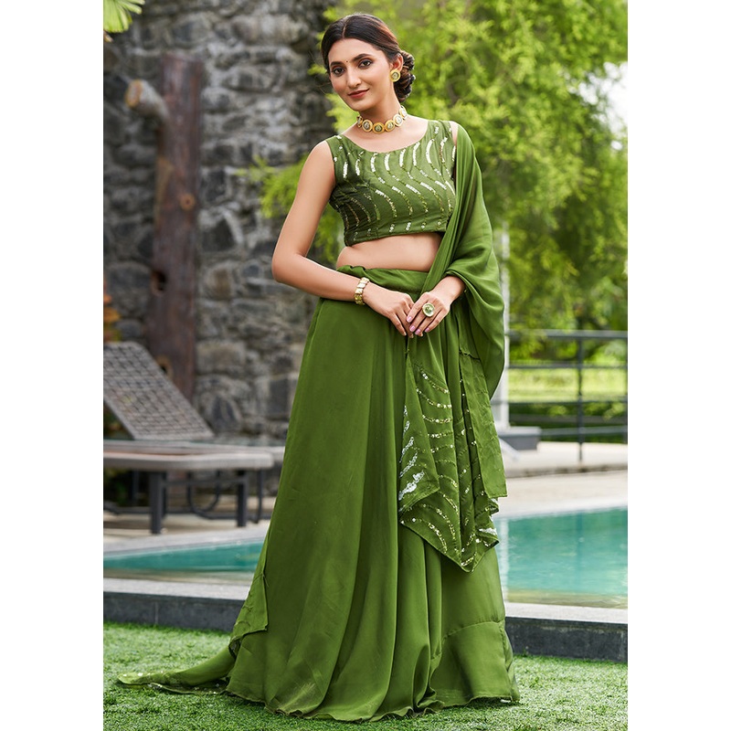 3 Pc Mehendi Silk Semi Stitched Lehenga Set - JD986596963