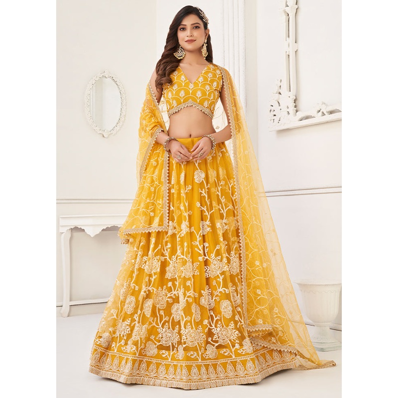3 Pc Mustard Yellow Net Semi Stitched Lehenga Set - JD986596976
