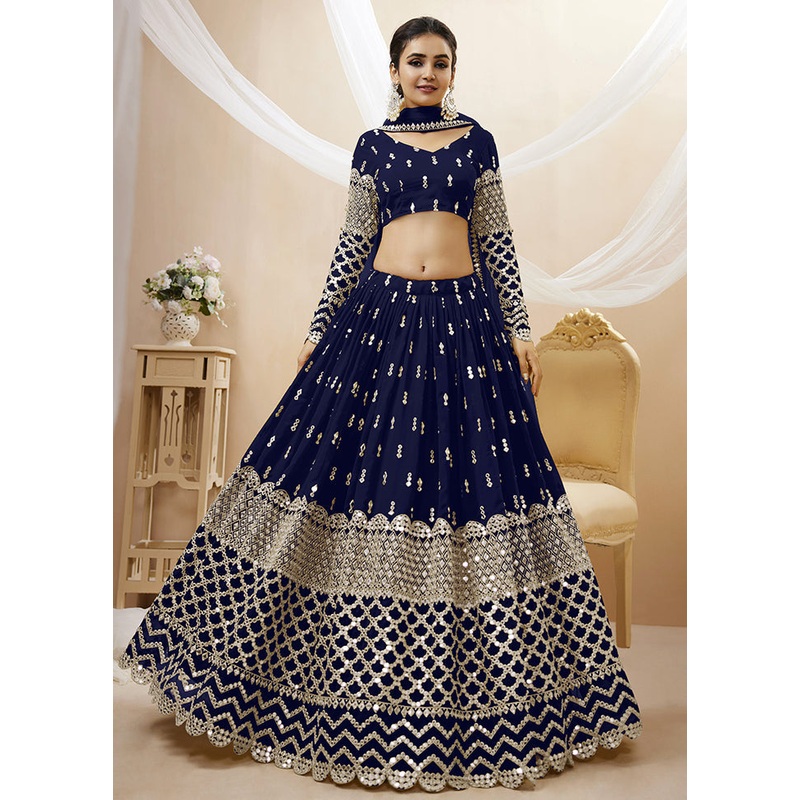 3 Pc Navy Blue Georgette Semi Stitched Lehenga Set - JD986596984