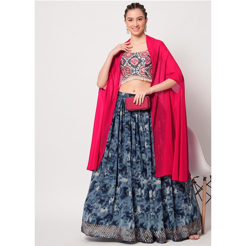 3 Pc Navy Blue Silk Semi Stitched Lehenga Set - JD986596926