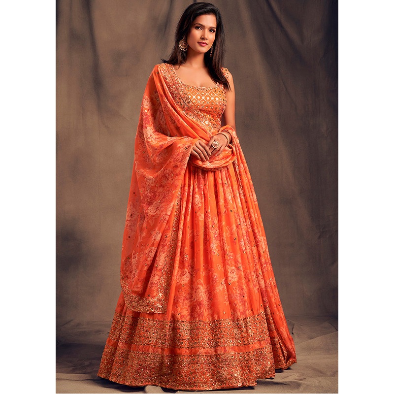 3 Pc Orange Net Semi Stitched Lehenga Set - JD986596949