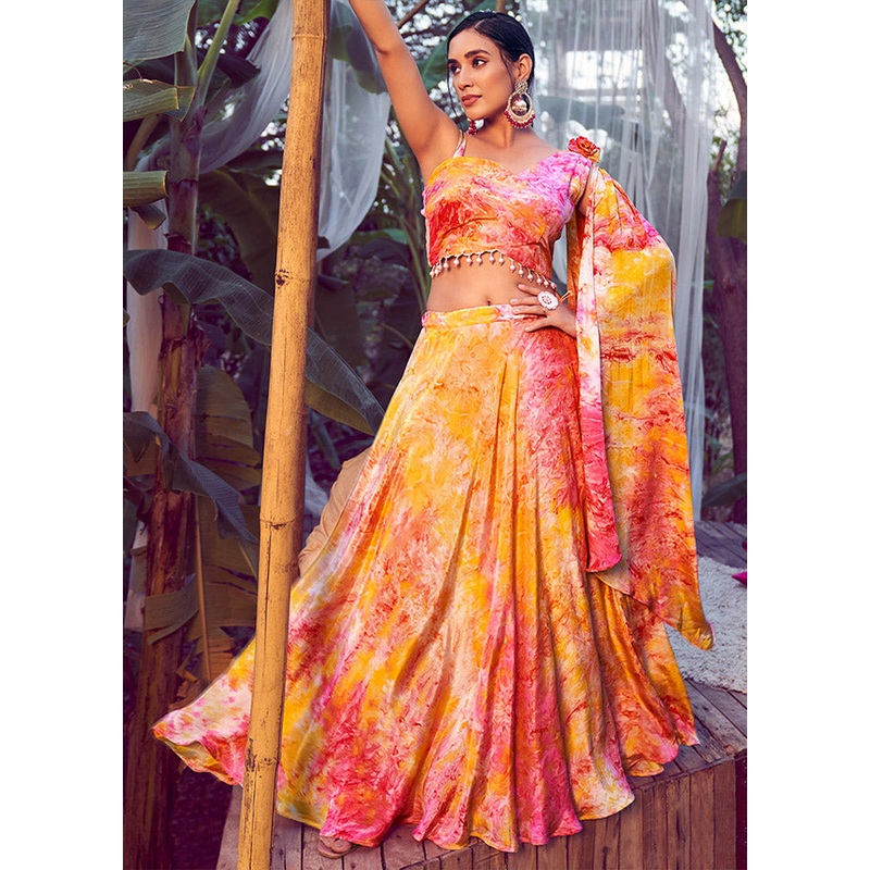 3 Pc Orange Silk Readymade Lehenga Set - JD986596923