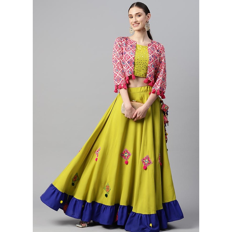 3 Pc Parrot Green Crepe Semi Stitched Lehenga Set - JD986596995