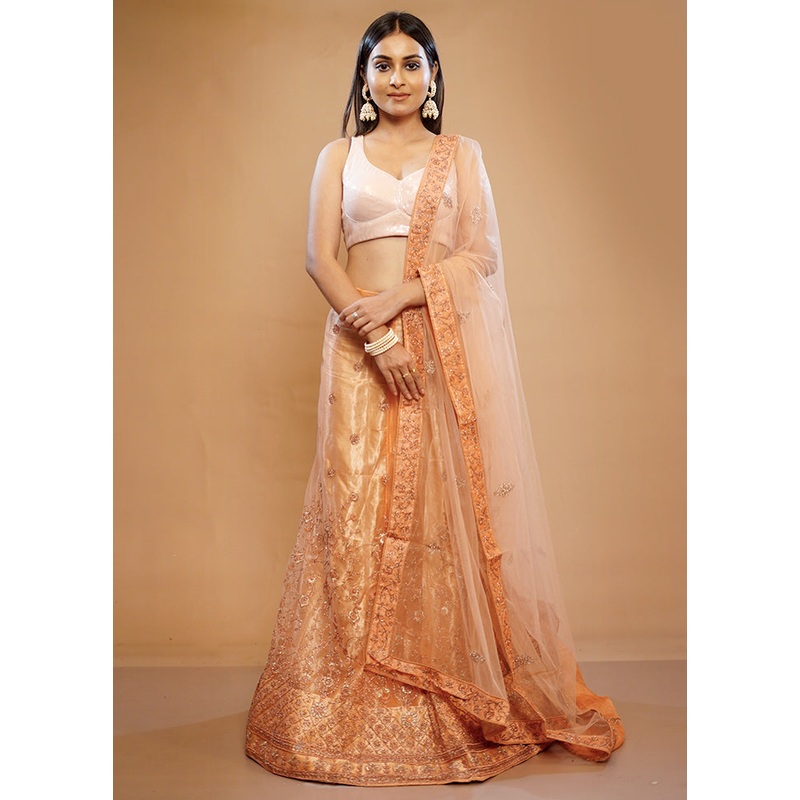 3 Pc Peach Georgette Semi Stitched Lehenga Set - JD986596917