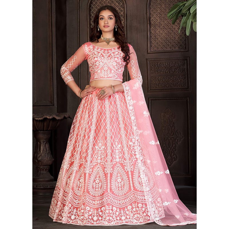 3 Pc Peach Net Semi Stitched Lehenga Set - JD986596961