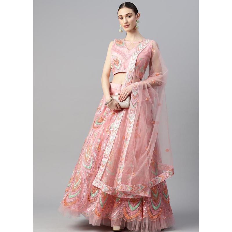 3 Pc Pink Crepe Semi Stitched Lehenga Set - JD986596998