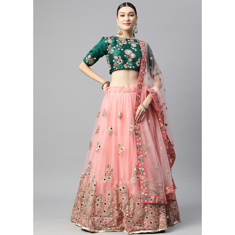 3 Pc Pink Crepe Semi Stitched Lehenga Set - JD986597000