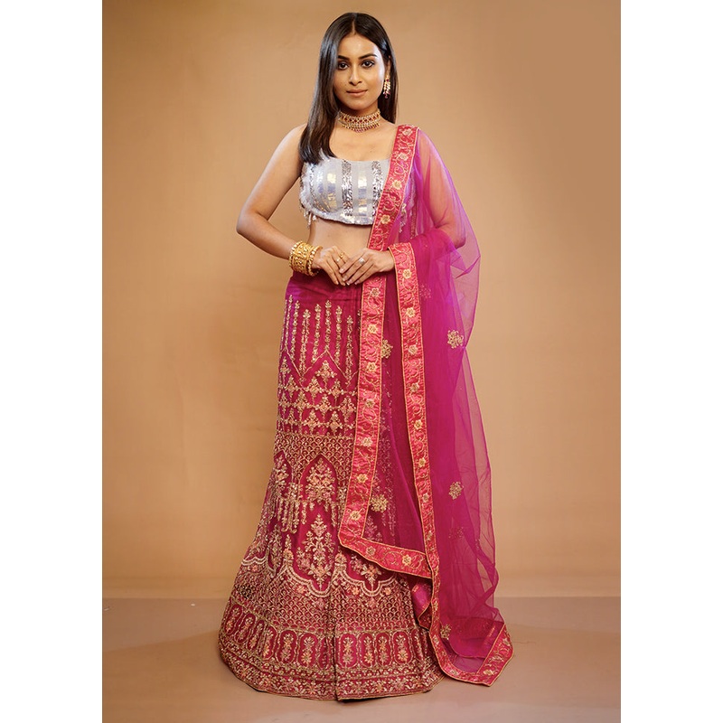 3 Pc Pink Georgette Semi Stitched Lehenga Set - JD986596918