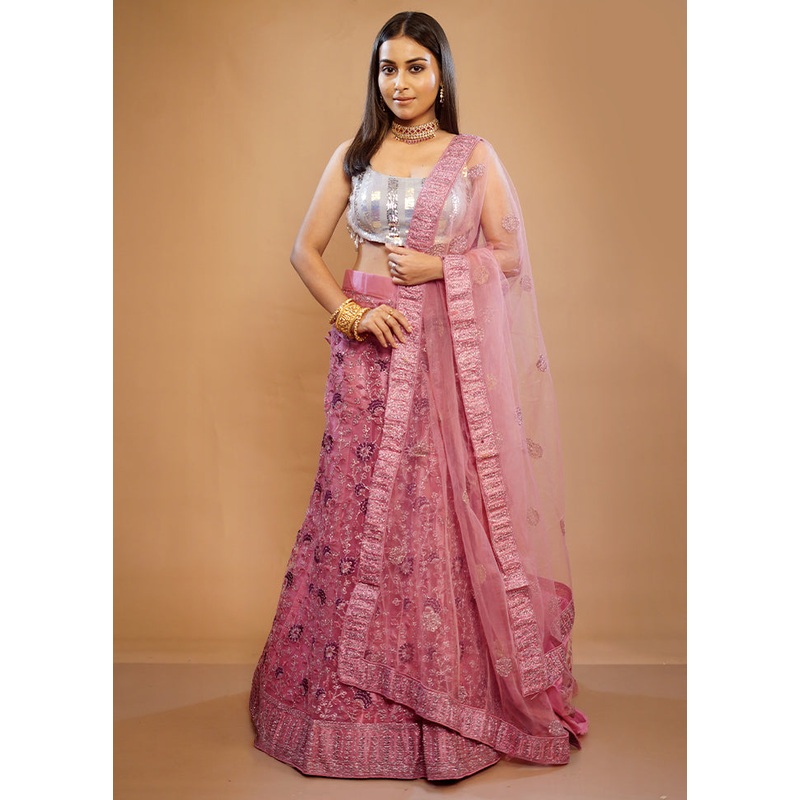 3 Pc Pink Georgette Semi Stitched Lehenga Set - JD986596919