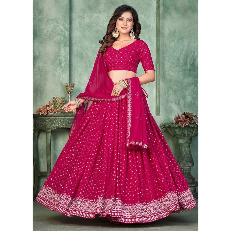 3 Pc Pink Georgette Semi Stitched Lehenga Set - JD986596967