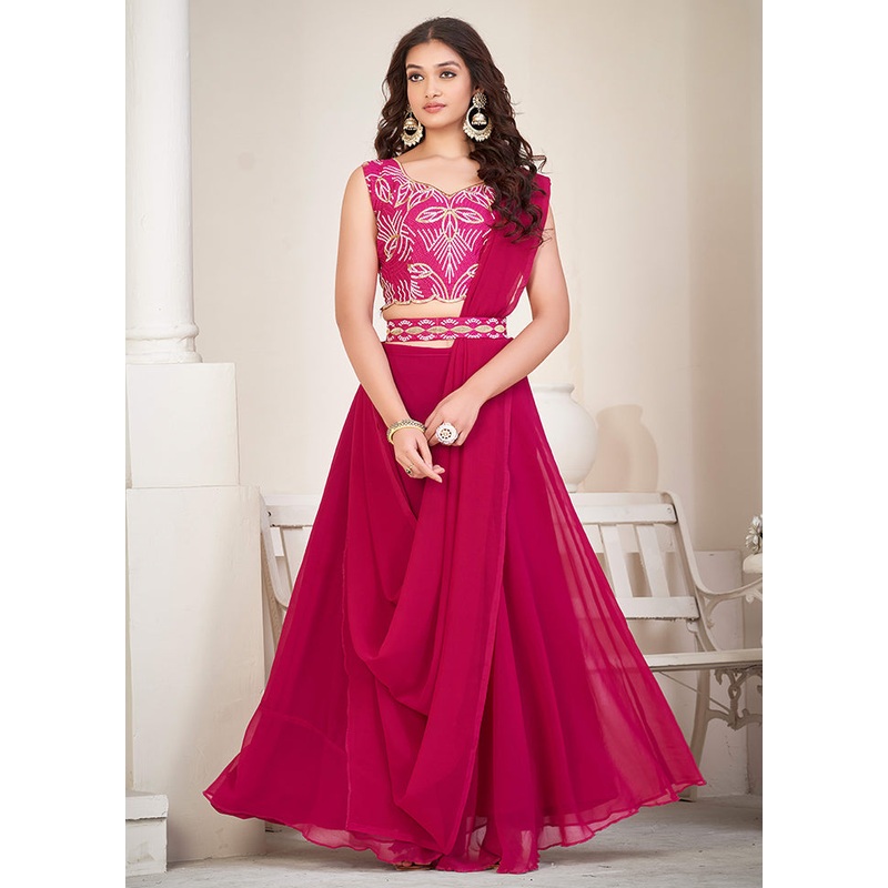 3 Pc Pink Georgette Semi Stitched Lehenga Set - JD986596971