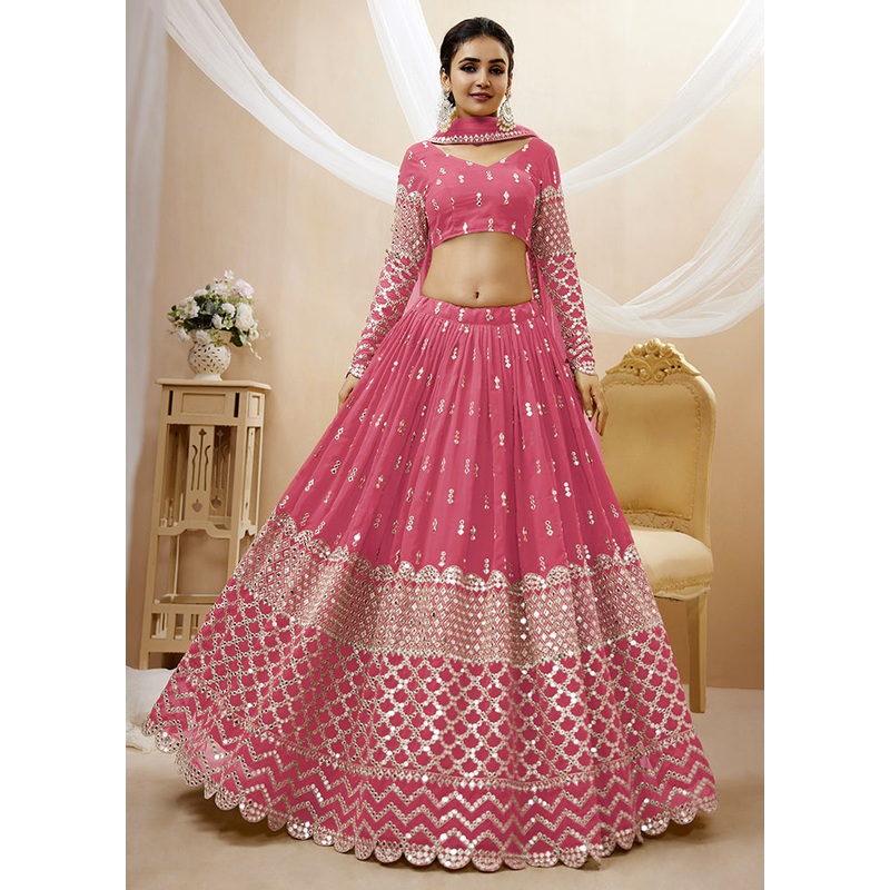 3 Pc Pink Georgette Semi Stitched Lehenga Set - JD986596979