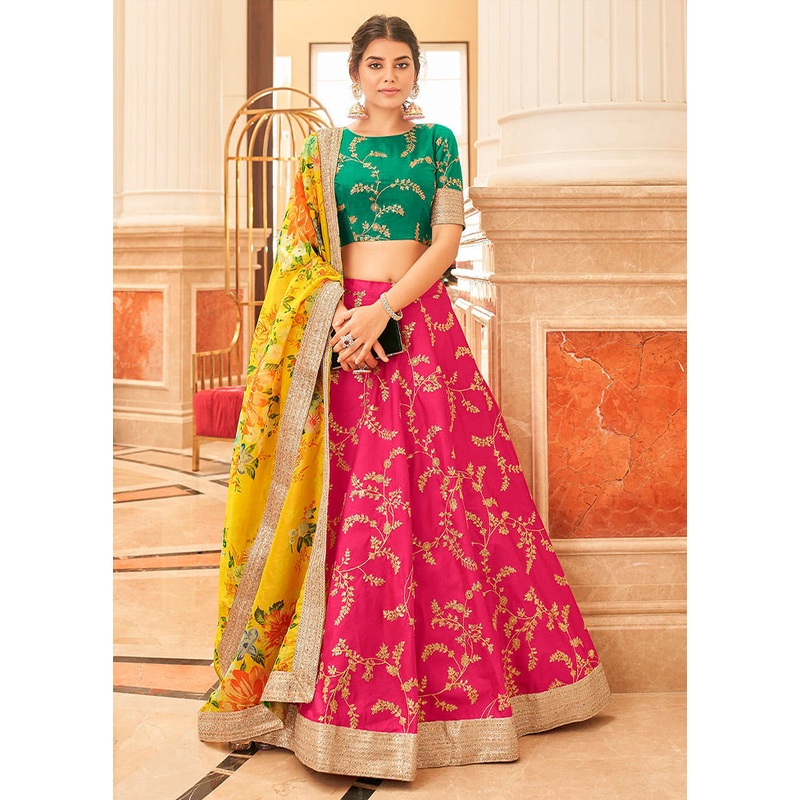3 Pc Pink Silk Semi Stitched Lehenga Set - JD986596932