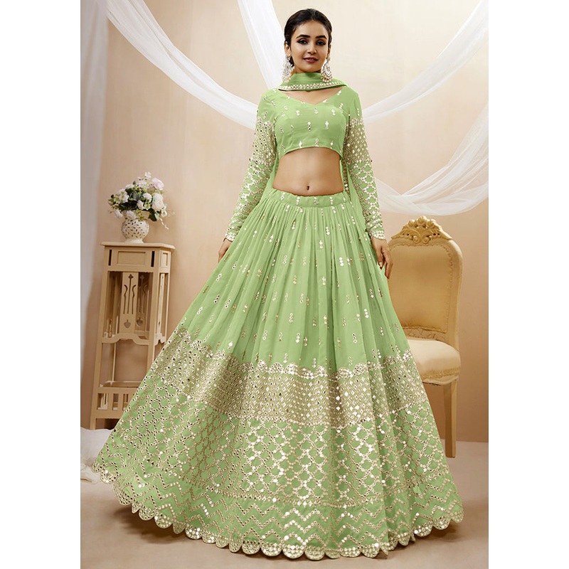 3 Pc Pista Green Georgette Semi Stitched Lehenga Set - JD986596988