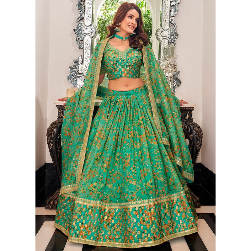 3 Pc Pista Green Net Semi Stitched Lehenga Set - JD986596930