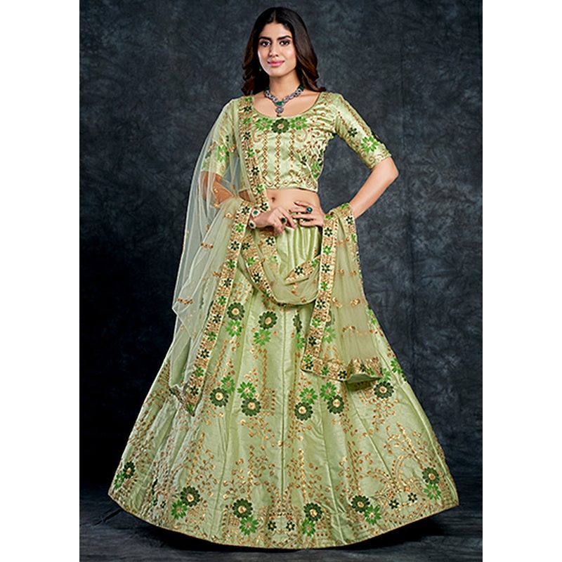 3 Pc Pista Green Silk Semi Stitched Lehenga Set - JD986596958