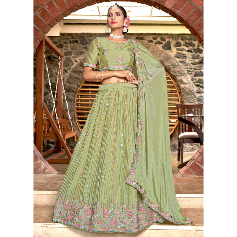3 Pc Pista Green Silk Semi Stitched Lehenga Set - JD986596990