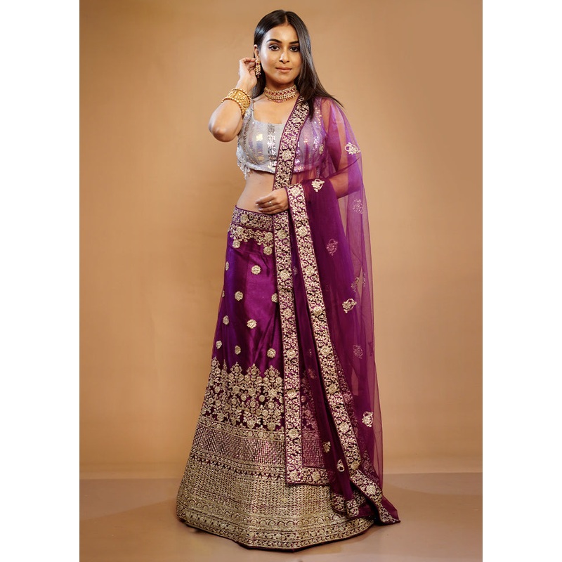 3 Pc Purple Georgette Semi Stitched Lehenga Set - JD986596916