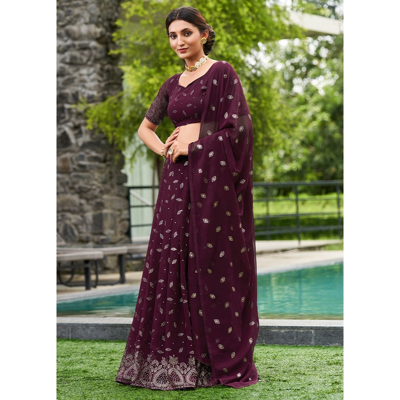 3 Pc Purple Georgette Semi Stitched Lehenga Set - JD986596964