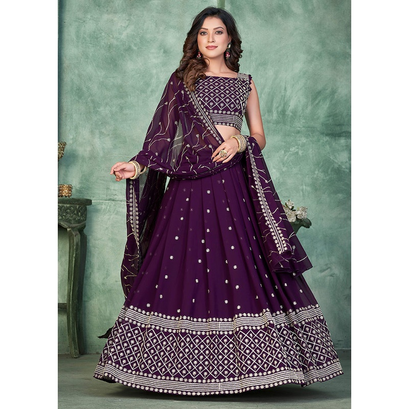 3 Pc Purple Georgette Semi Stitched Lehenga Set - JD986596968