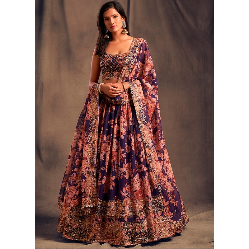 3 Pc Purple Net Semi Stitched Lehenga Set - JD986596955