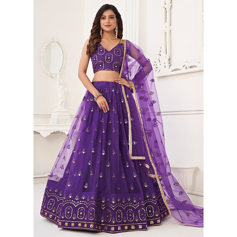 3 Pc Purple Net Semi Stitched Lehenga Set - JD986596977