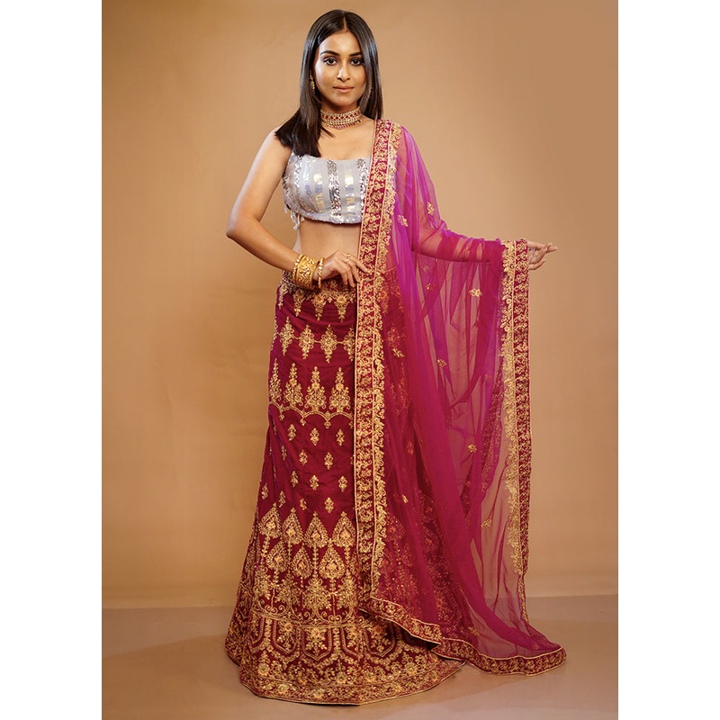 3 Pc Purple Silk Semi Stitched Lehenga Set - JD986596921