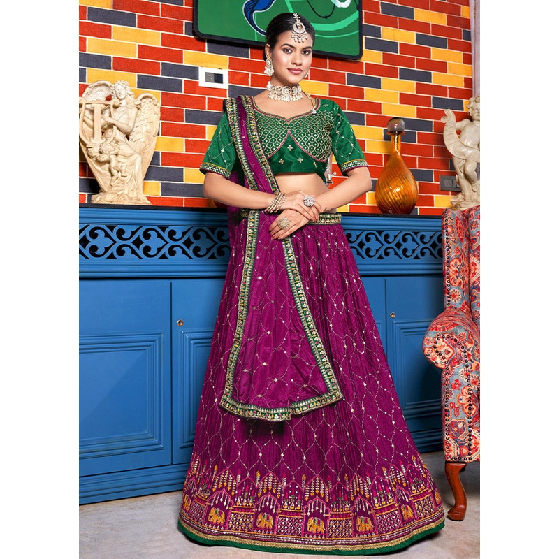 3 Pc Purple Silk Semi Stitched Lehenga Set - JD986596943