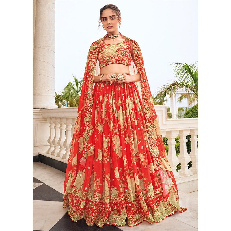 3 Pc Red Georgette Semi Stitched Lehenga Set - JD986596935