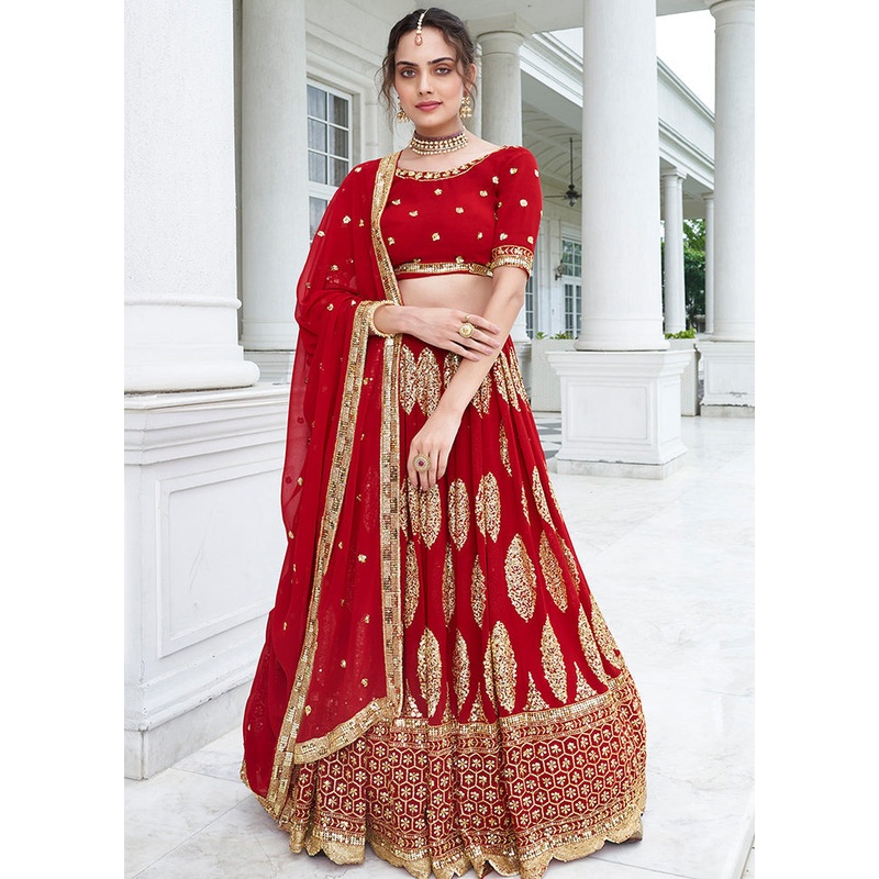 3 Pc Red Georgette Semi Stitched Lehenga Set - JD986596946