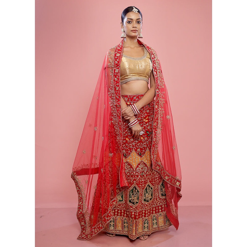 3 Pc Red Net Semi Stitched Lehenga Set - JD986596908