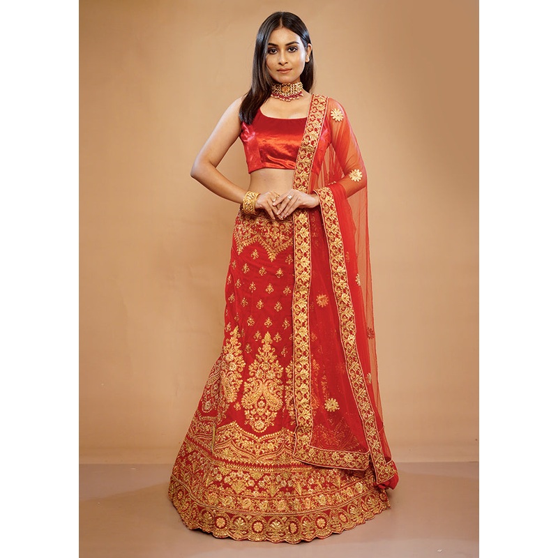 3 Pc Red Net Semi Stitched Lehenga Set - JD986596909