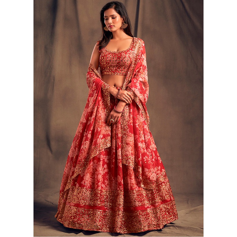 3 Pc Red Net Semi Stitched Lehenga Set - JD986596954