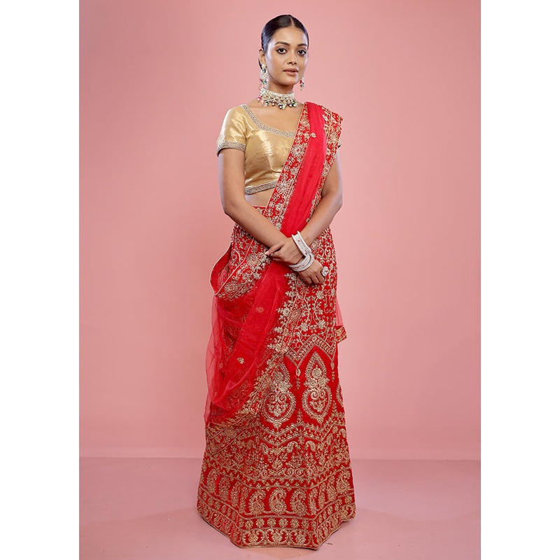 3 Pc Red Semi Stitched Silk Lehenga Set - JD986596913