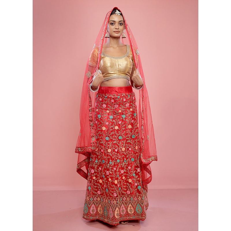 3 Pc Red Semi Stitched Silk Lehenga Set - JD986596914