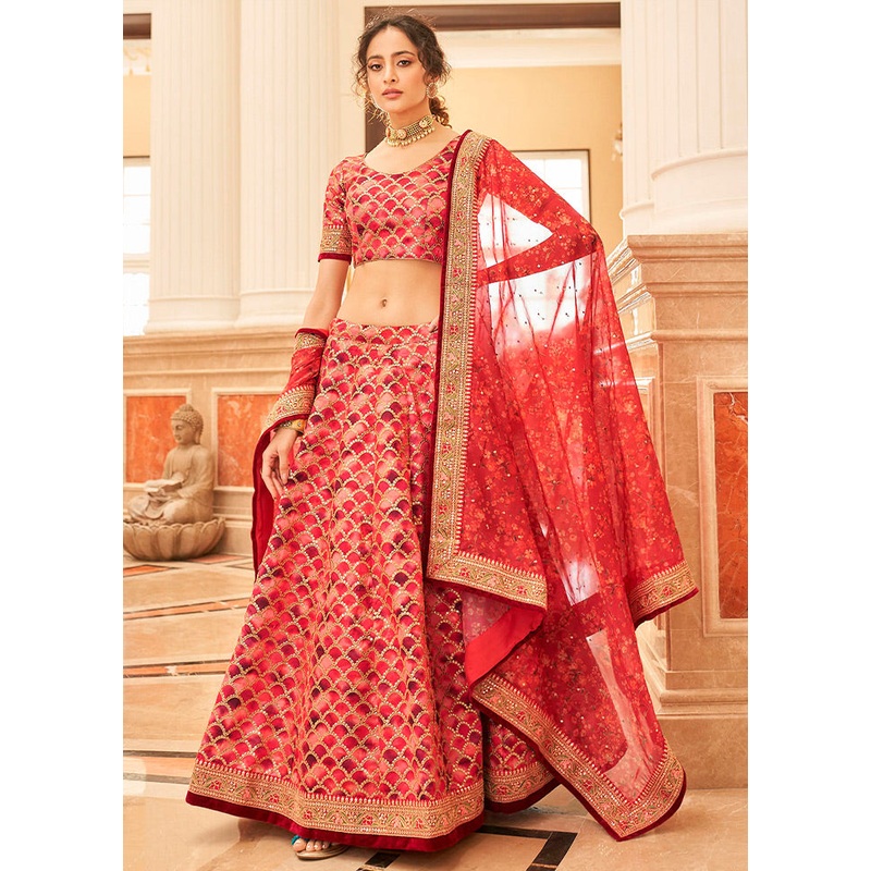 3 Pc Red Silk Semi Stitched Lehenga Set - JD986596934