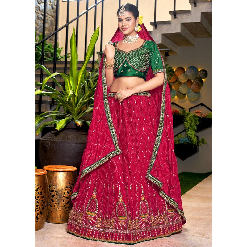 3 Pc Red Silk Semi Stitched Lehenga Set - JD986596941