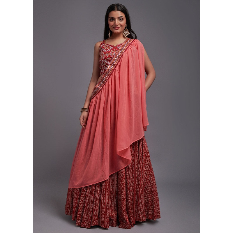 3 Pc Red Viscose Semi Stitched Lehenga Set - JD986596939