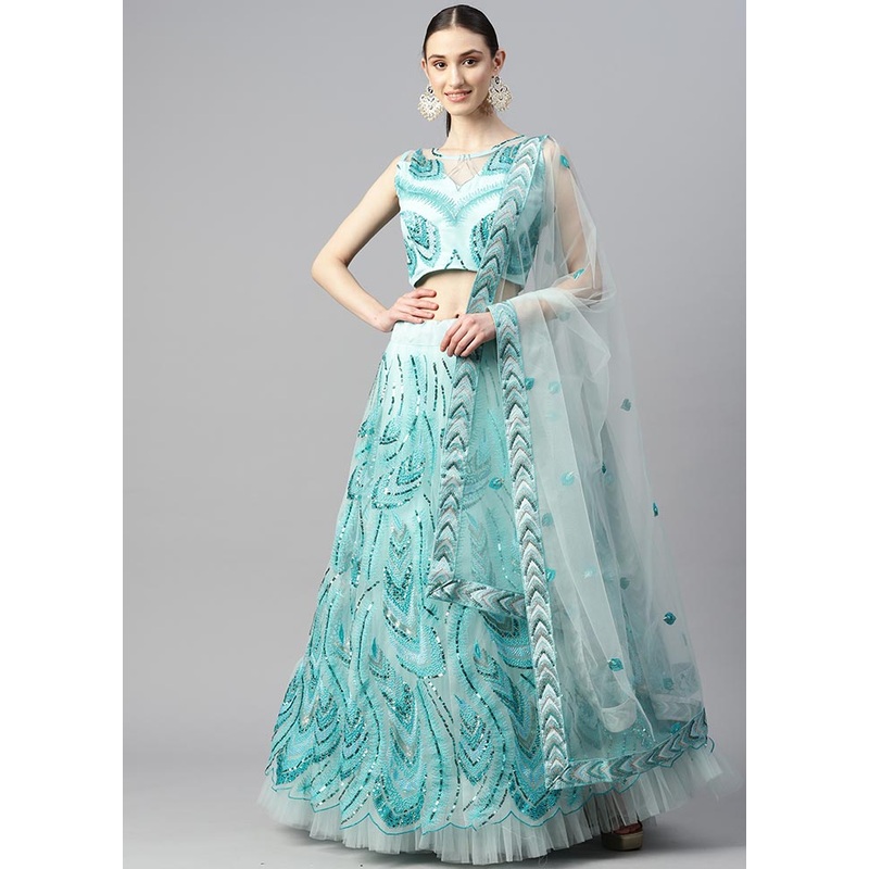 3 Pc Sky Blue Crepe Semi Stitched Lehenga Set - JD986596999