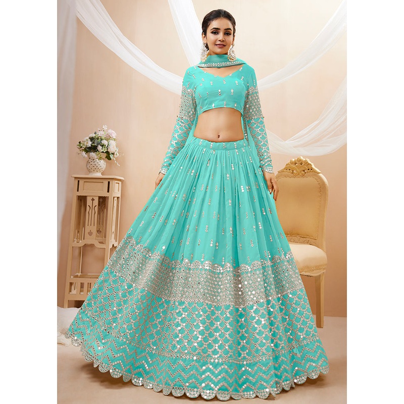 3 Pc Sky Blue Georgette Semi Stitched Lehenga Set - JD986596986
