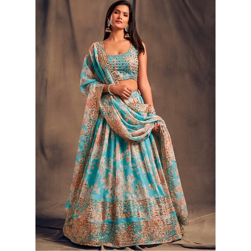 3 Pc Sky Blue Net Semi Stitched Lehenga Set - JD986596956