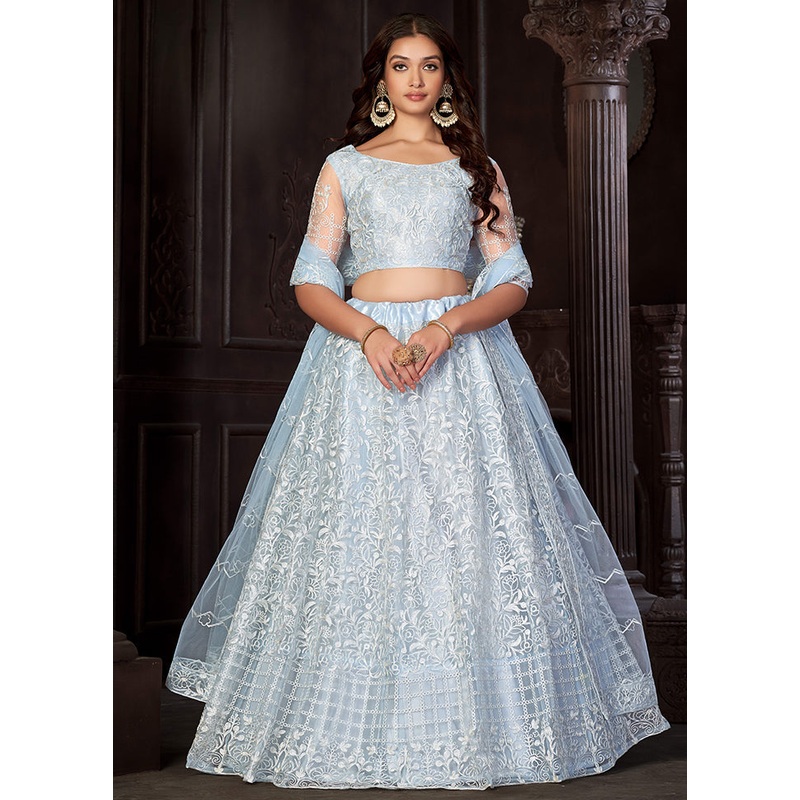 3 Pc Sky Blue Net Semi Stitched Lehenga Set - JD986596960