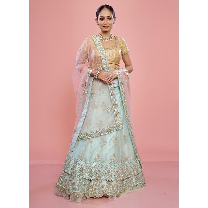 3 Pc Sky Blue Semi Stitched Silk Lehenga Set - JD986596911